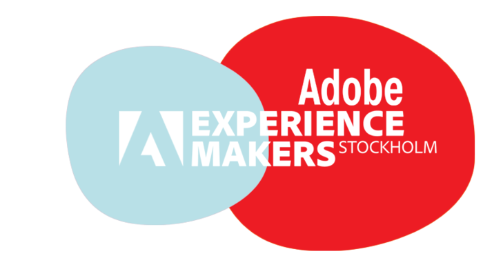 Experience Makers Stockholm -grafiikka, jossa yksi punainen pallo, yksi valkoinen ja keskellä yksi sininen. Päällä Adobe Experience Makers Stockholm -teksti. 